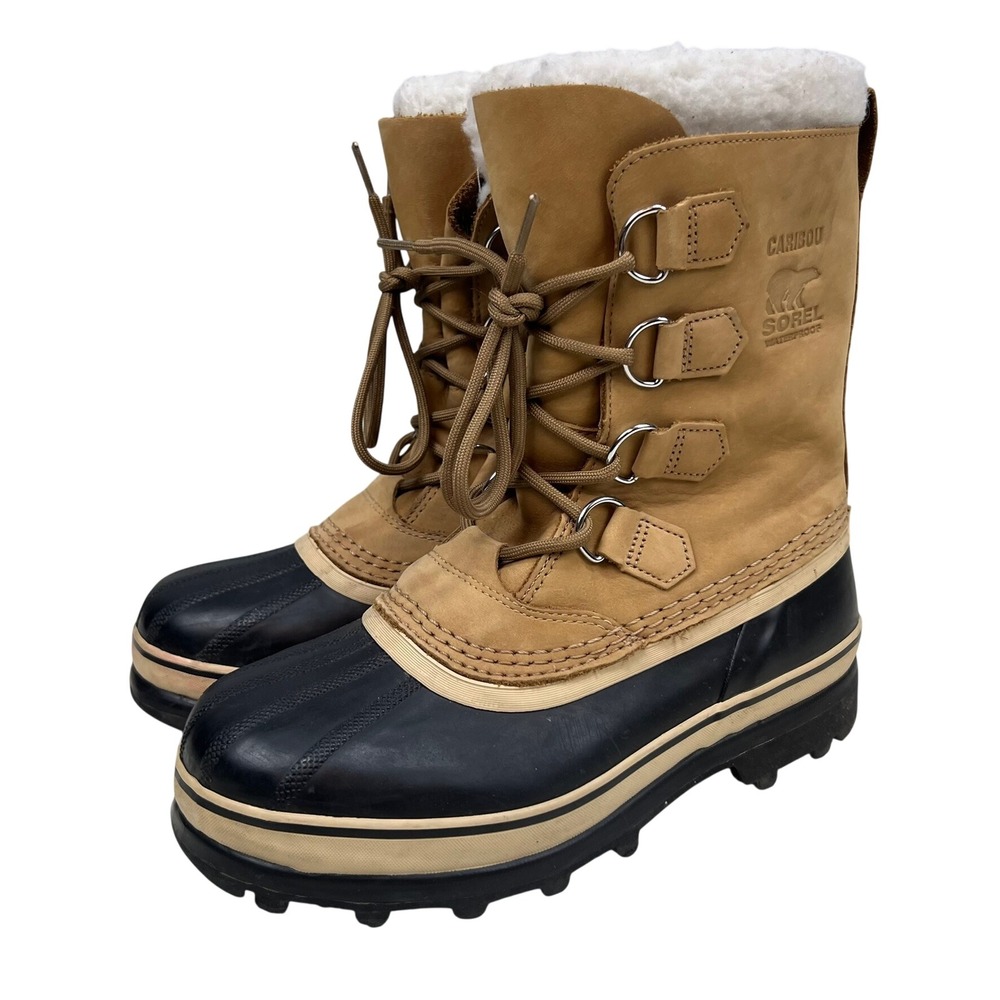 Sorel Caribou Waterproof Snow Boots Womens Size 8 Buff Black Leather NL1005-280